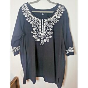Black Embellished Pullover Top Scoop Neck Tunic Sz 3X 100% Cotton Woman Within